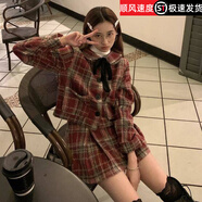 波之興兩單件套裝冬圣誕趴元氣可愛(ài)格紋迷你毛呢短外套+百褶毛呢短裙女 紅格外套+紅格短裙兩件套 M