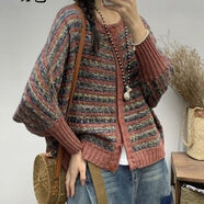 EBENB 文藝復古彩色針織開(kāi)衫毛衣女秋冬季新款民族風(fēng)蝙蝠袖外套女 紅色 均碼 建議90-140斤