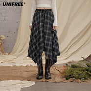UNIFREE格紋復古半身裙不規則高腰顯瘦百搭中長(cháng)款A字大裙擺 藍色 均碼