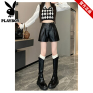 花花公子（PLAYBOY）2025新款秋季高腰顯瘦寬松PU皮短褲女大碼外穿時(shí)尚休閑闊腿皮短褲 黑色【無(wú)腰帶】 XL 118-138