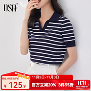 歐莎（OSA）條紋polo領(lǐng)針織衫短袖女高端夏季冰絲薄款休閑百搭顯瘦上衣 藏藍(lán)色 M