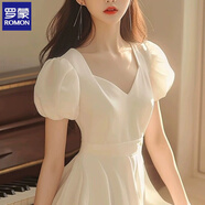 羅蒙法式赫本連衣裙女顯瘦氣質(zhì)夏季2025年新款白色泡泡領(lǐng)收腰連衣裙子 米白色(高品質(zhì)有內襯有拉鏈) S 95斤內