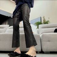 歐洲站大碼女新款時(shí)尚百搭九分蛋白皮皮啞光涂層PU皮微喇叭褲顯瘦 7381-黑色 M M碼建議80-100斤內