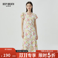 深呼吸DEEP BREATH女裝氣質(zhì)V領(lǐng)抽繩收腰荷葉袖碎花連衣裙A500242 粉花 S (2碼)