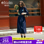 Olrain歐芮兒普魯士藍牛仔連衣裙女春裝新款收腰刺繡減齡裙子 牛仔藍 L