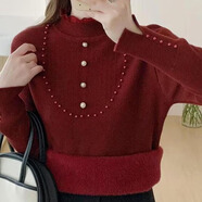 香影純蕾絲半高領(lǐng)一體絨毛衣內搭2025新款秋冬加絨加厚上衣女針織打底衫 酒紅色 3XL (建議135-150斤)