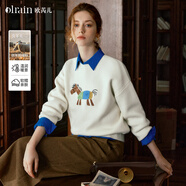 Olrain歐芮兒休閑趣味小馬繡花毛衣套頭衫女裝秋季慵懶上衣 杏色 L
