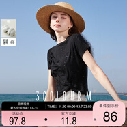 三彩2025夏季新款亮片T恤圓領(lǐng)正肩短袖上衣套頭衫扭結短款M