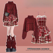 匯媚跨年圣誕穿搭蝴蝶結針織衫女毛衣女連衣裙約會(huì )戰袍顯瘦百搭氛圍感 紅色高領(lǐng)毛衣+紅色吊帶裙 【兩件套】 L 【建議100-120斤】