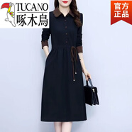 啄木鳥(niǎo)（TUCANO）新品時(shí)尚連衣裙女新款秋冬連衣裙韓版洋氣收腰系帶顯瘦冬 黑色【不加絨】旗艦款 L _建議100-115斤