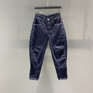 深藍色吊襠牛仔哈倫褲女2025春夏季新款韓版高腰寬松顯瘦九分垮褲 深藍色 28