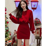 連帽衛衣加絨加厚女連衣裙秋冬新款遮肚蝙蝠袖包臀裙連體韓版顯瘦 紅色（拼接衛衣） S  建議85-100斤穿