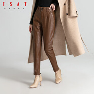 FSAT皮褲女2021秋冬新款真皮女長(cháng)褲綿羊皮哈倫歐貨冬款松緊小腳褲 咖色 加絨 3XL