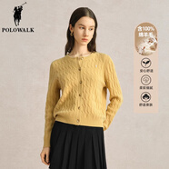 POLOWALK【100%綿羊毛】女士羊毛衫圓領(lǐng)純色針織開(kāi)衫外套 黃色 S (155)