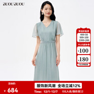 BUOUBUOU天湖女神2025秋新品V領(lǐng)釘珠喇叭袖雪紡順紆縐連衣裙女 淺綠G40 S
