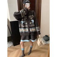 楠鸞韓系復古費爾島針織套裝女秋冬新款寬松慵懶風(fēng)半身短裙毛 灰色 均碼