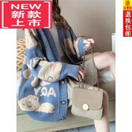東方鴨羊毛慵懶風(fēng)流蘇毛衣外套女25秋冬新款韓版寬松單排扣針織開(kāi)衫女  小熊.款藍色. M 建議95-110斤左右.