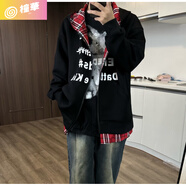 ZULY阿寧專屬ame.r國潮美式街頭假兩件拼接格子連帽衛(wèi)衣外套 黑色 L