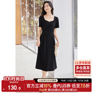 尚都比拉輕職場(chǎng)藍(lán)色連衣裙女夏季收腰中長(zhǎng)裙泡泡袖裙子 黑色152L80063  S