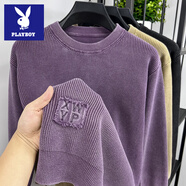 花花公子水洗做舊復古毛衣男圓領(lǐng)貼布刺繡秋冬季潮牌寬松棉質(zhì)針織打底衫男 紫色 XL