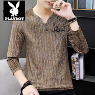 花花公子（PLAYBOY）秋冬季長(cháng)袖t恤男士V領(lǐng)絨秋衣加絨打底上衣服潮牌純色內搭衛衣 咖啡色679衛衣 常規 M