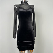 韓國新品小女人氣質(zhì)性感網(wǎng)紗半高領(lǐng)蕾絲邊絲絨連衣裙ly 黑色 均碼