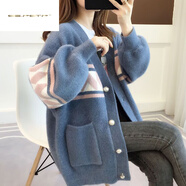 夏典素訂女王（SE.PSTP）雪尼爾水仿貂絨外套大碼女裝毛衣200胖mm針織開(kāi)衫韓版寬松慵懶上 【優(yōu)質(zhì)雪尼爾】藍【加 商場(chǎng)】今年流行的輕奢品牌 厚款 均碼 【80-120斤】