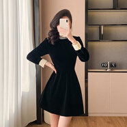 赫本風(fēng)小黑裙法式高端時(shí)尚洋氣厚黑穿搭晚禮服釘珠絲絨連衣裙短裙 黑色 M