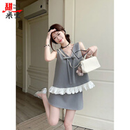 甜米寶法式蝴蝶結(jié)V領(lǐng)撞色拼接背心西裝半身裙2025夏季新款名媛風(fēng)套裝女 灰色上衣 【單件】 S 80-100斤