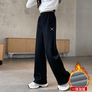 夢(mèng)想邦尼女童加絨闊腿褲秋冬2025新款兒童一體絨運動(dòng)長(cháng)褲中大童褲子秋裝潮 黑色冬季加絨 120 cm