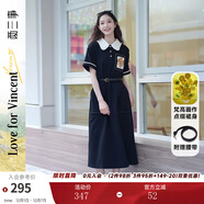 兩三事梵高文藝 梵花遺夢(mèng) 2025夏季新款印花布拼接撞色翻領(lǐng)連衣裙 黑色  M 