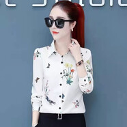 淺伊琳春季新款雪紡女襯衫長(cháng)袖個(gè)性玫瑰印花時(shí)尚洋氣緞面上衣女 白底鳥(niǎo)花長(cháng)袖 S S碼75-85斤