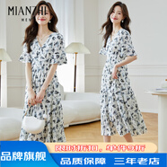 棉致連衣裙女夏季2025新款氣質(zhì)中長(cháng)款短袖V領(lǐng)雪紡碎花荷葉袖大擺長(cháng)裙 圖片色 S
