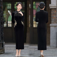 TONSON BEAUTY媽媽秋裝韓國絨刺繡旗袍裙長(cháng)款彈力修身宴會(huì )禮服 黑色 L 建議85-105斤