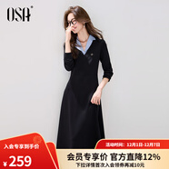 歐莎莎假兩件翻領(lǐng)長(cháng)袖連衣裙女2025秋季新款高智風(fēng)收腰顯瘦長(cháng)裙 黑色 M