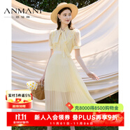 恩曼琳（ANMANI）23夏季新款法式優(yōu)雅蕾絲拼接連衣裙百褶長裙EANDBA34 檸檬水色 S