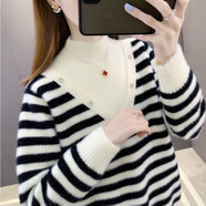 俞兆林（YUZHAOLIN）仿水貂半高領(lǐng)保暖套頭毛衣女2026秋冬新款加絨加厚寬松條紋打底衫 米白色-新款條紋 【假兩件】 S 80-95斤