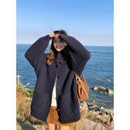 日本代購藏青色覆古牛角扣針織開(kāi)衫秋冬中長(cháng)款高領(lǐng)chic毛衣外套女 毛衣外套 S