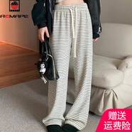 AEMAPE慵懶復(fù)古條紋加絨休閑直筒褲女2025秋冬新款高腰寬松保暖直筒褲女 白色   加絨 M