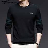 AX阿瑪尼 男士長(cháng)袖t恤羊毛秋季圓領(lǐng)高端打底衫衛衣男針織衫 黑色 M 165