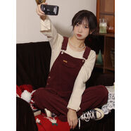 喵吉寬松設計感連衣褲連身褲小個(gè)子燈芯絨紅色背帶褲連體褲女秋冬 絳紅單褲子預售 XL XL