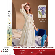 兩三事度假風(fēng)法式連衣裙女茶歇24夏季復古刺繡方領(lǐng)短袖裙子嗜好冷鳶 米杏色 M