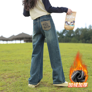 卡兔藍貓（KATULANMAO）女童牛仔褲春秋款2024新款兒童春裝大童韓版長(cháng)褲春裝女孩直筒褲子 藍色加絨 160