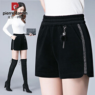 皮爾卡丹秋冬加厚加絨金絲絨短褲女彈力高腰大碼A字寬松闊腿胖MM外穿靴褲 黑色 S 27碼(2尺0)