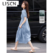 LISCN法式溫柔風(fēng)天絲連衣裙夏復古氣質(zhì)泡泡袖收腰顯瘦仙女度假風(fēng)中長(cháng)裙 淺藍色 M