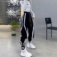 黑色哈倫褲女春秋歐美網(wǎng)紅新款高腰抽繩寬松顯瘦束腳運動(dòng)休閑衛褲 黑色 S S85-98斤