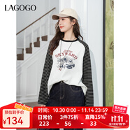 LAGOGO條紋插肩袖長袖T恤女拉谷谷2025秋季新款印花撞色寬松上衣 白黑 M