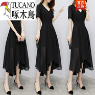 啄木鳥(niǎo)（TUCANO）2025新款春夏季韓版修身短袖仙女露肩不規則氣質(zhì)V領(lǐng)雪紡連衣裙女 黑色 M 165