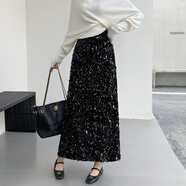 家隆名秀2025高腰亮片開(kāi)叉半裙女秋冬加厚性感黑色中長(cháng)款 黑色 XL
