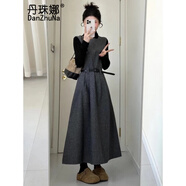 丹珠娜（DanZhuNa）小香風(fēng)連衣裙秋冬新款穿搭一整套富家千金小洋裝背心長(cháng)裙子套裝女 黑色毛衣+背心連衣裙 S